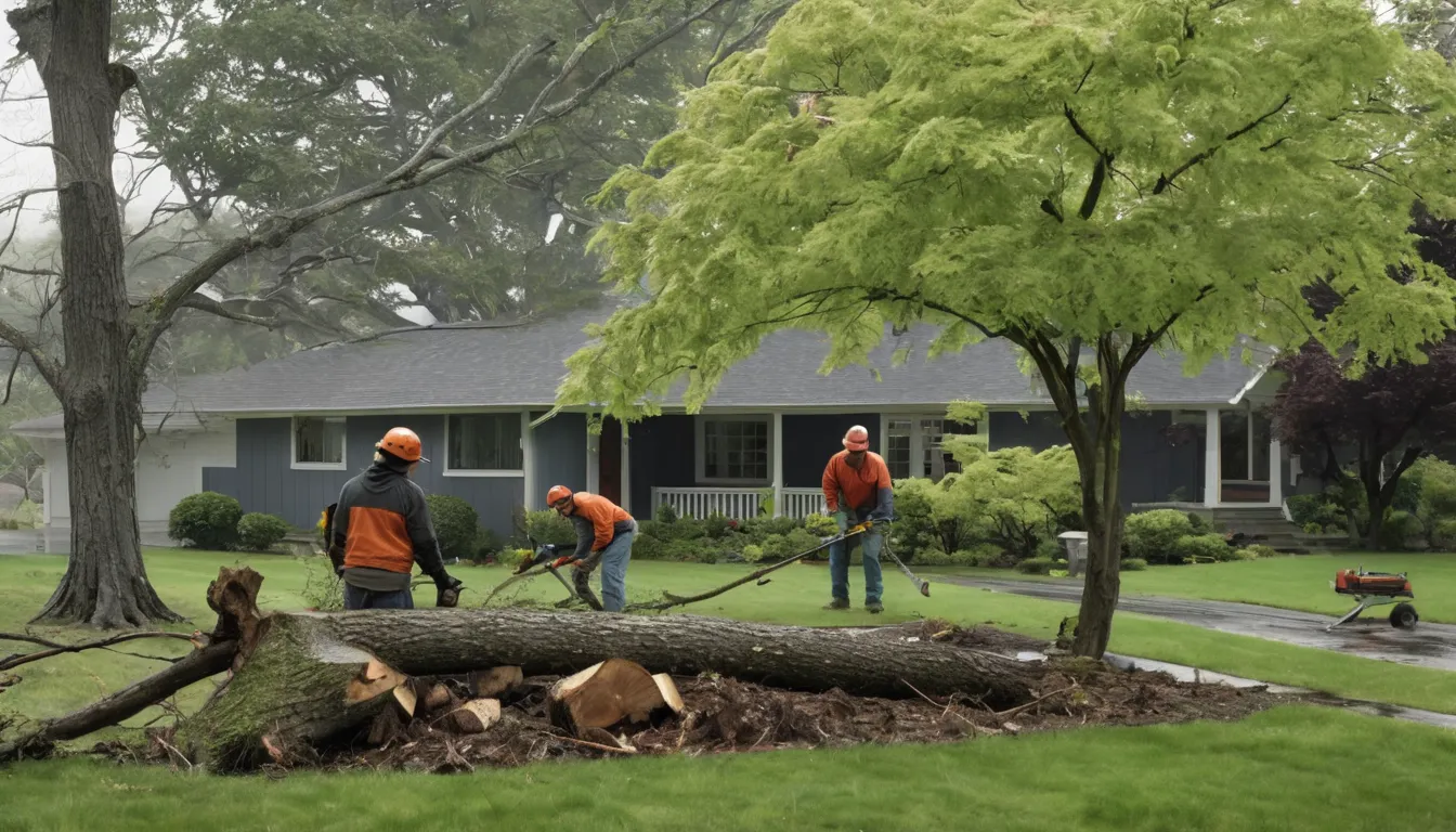 Tree provider crew clearing a fallen tree from a home's yard in the Schaumburg area