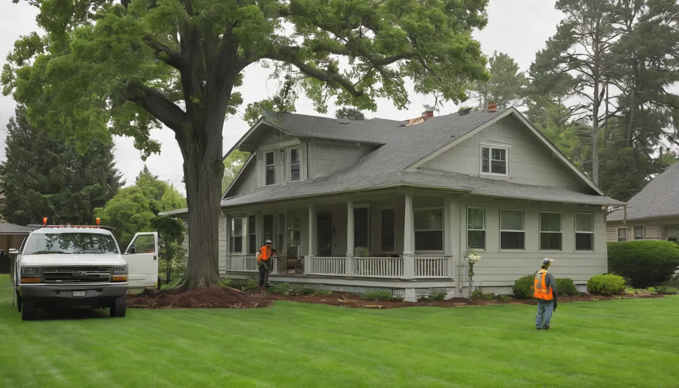 A tall tree beside a frame house in Schaumburg, with a provider inspecting it