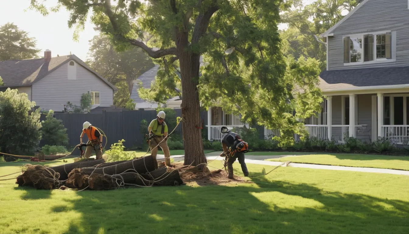 Tree removal provider cutting a large backyard tree in sections near a house in the Schaumburg area